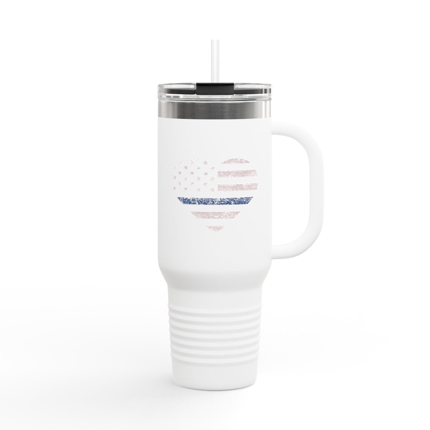 Personalized 40oz Insulated Travel Mug — Blue Line Flag Pink Heart