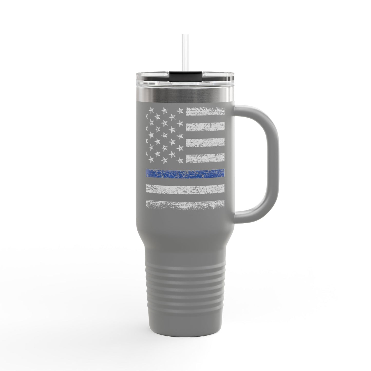 Personalized 40oz Insulated Travel Mug — Thin Blue Line Flag Design