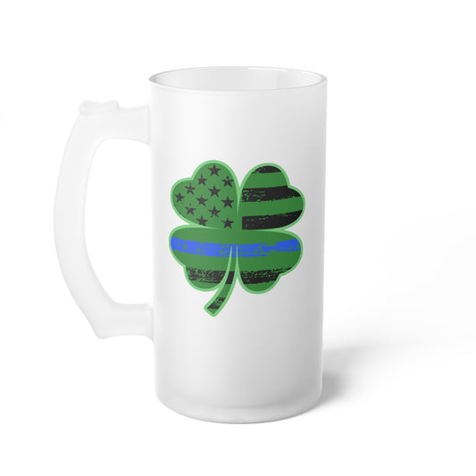 16oz Blue Line Flag Shamrock Frosted Glass Beer Mug