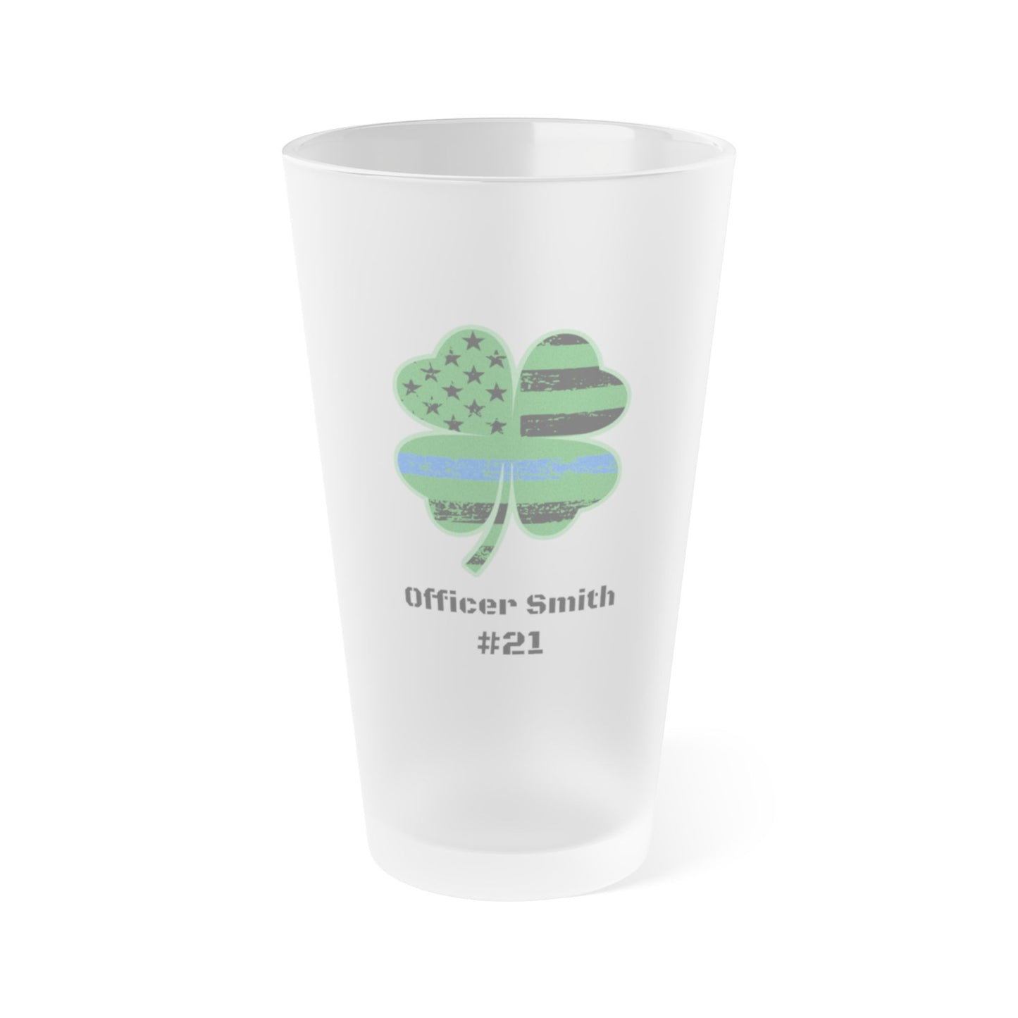 Personalized Frosted 16oz Pint Glass - Thin Blue Line Shamrock