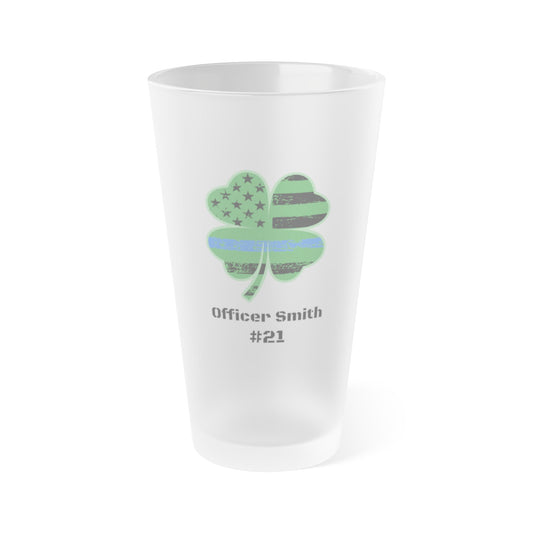 Personalized Frosted 16oz Pint Glass - Thin Blue Line Shamrock