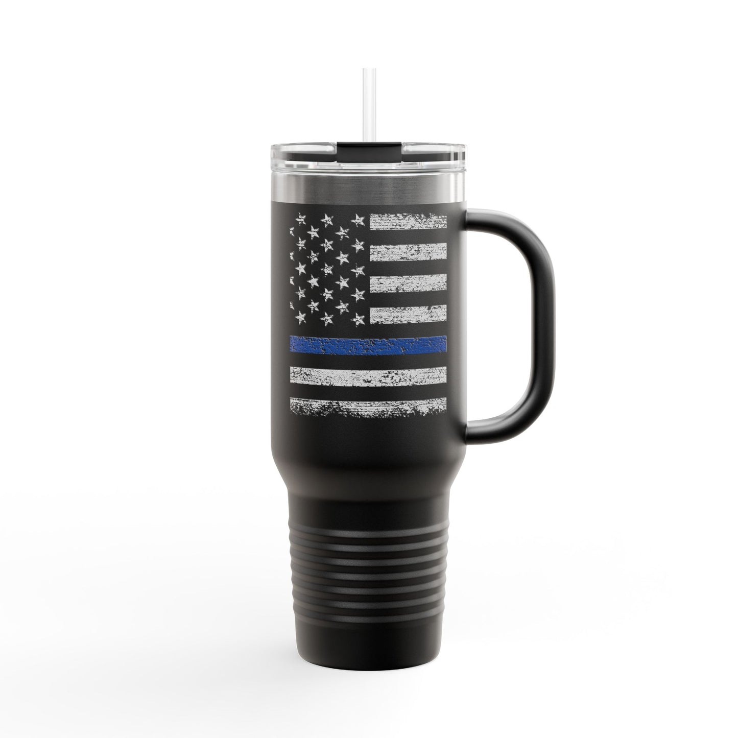 Personalized 40oz Insulated Travel Mug — Thin Blue Line Flag Design