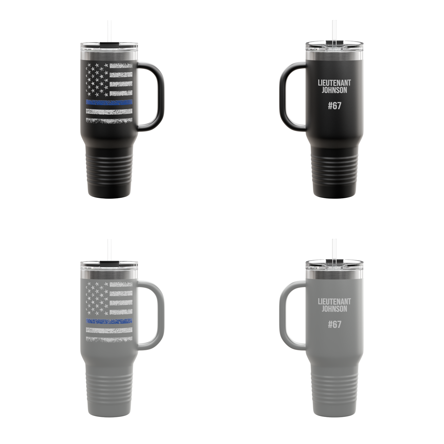 Personalized 40oz Insulated Travel Mug — Thin Blue Line Flag Design