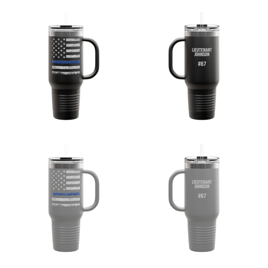 Personalized 40oz Insulated Travel Mug — Thin Blue Line Flag Design