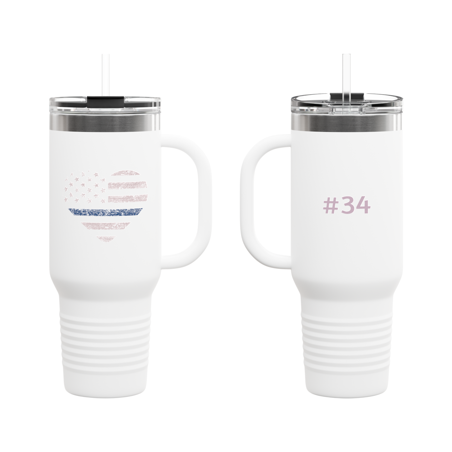 Personalized 40oz Insulated Travel Mug — Blue Line Flag Pink Heart