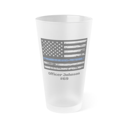 Police Officer Personalized Blue Line Flag Frosted Pint Glass, Law Enforcement Badge Number Drinking Gift, Customized Cop Beer Stein,
